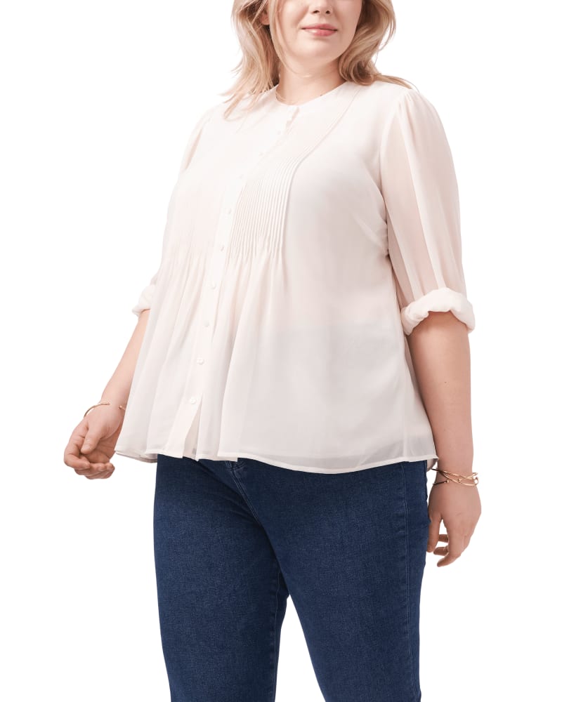 Front of a model wearing a size 1X Ryleigh Button-Front Pintucked Blouse in SOFT ECRU-104 by 1.State. | dia_product_style_image_id:262436